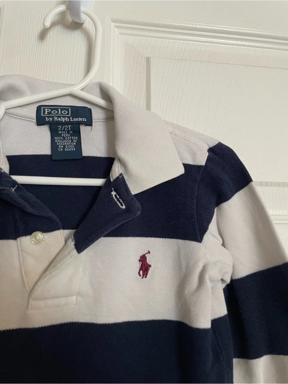 Polo by Ralph Lauren Boys' 2T Navy & White Striped Rugby Polo with Red Logo